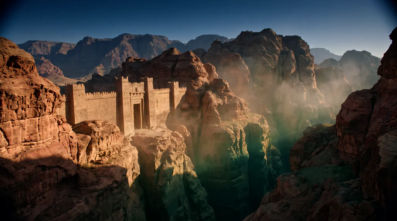 An ancient stone wall carved into a canyon at dawn