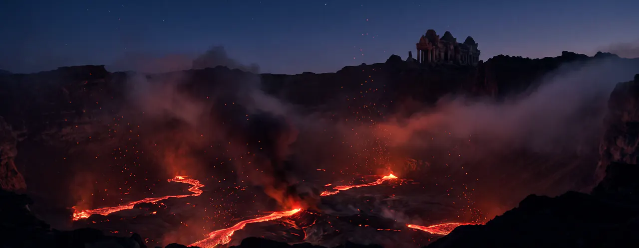 A volcano at night with rivers of lava and rising embers