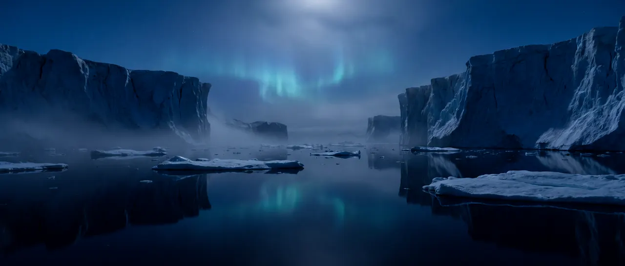 Glacier cliffs over a still polar sea under an aurora